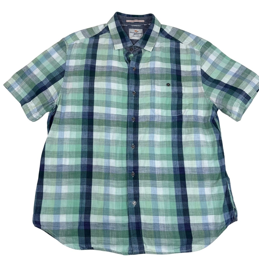 Tommy Bahama Jeans Mens Green Plaid Short Sleeve Button Down Shirt B428W Large